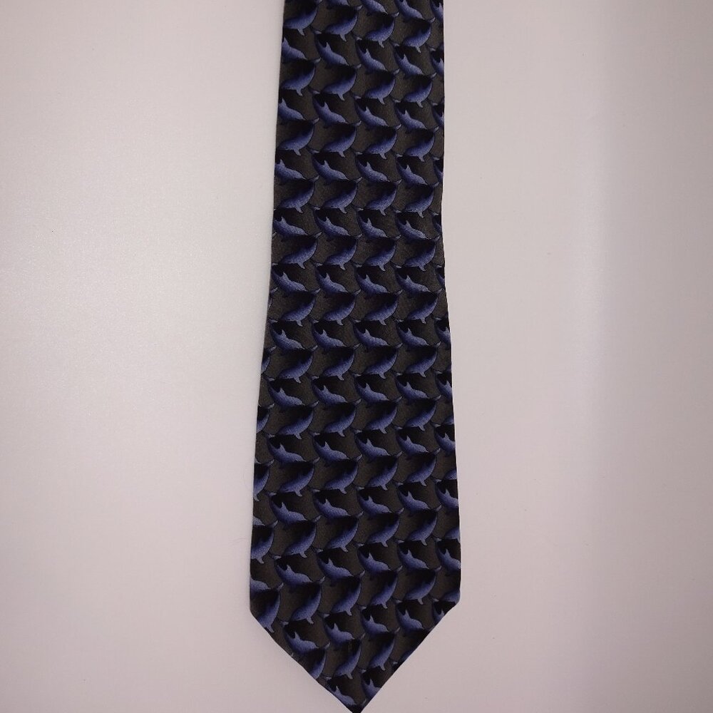 Mens Wildlife Domain Surfer Grey Blue Dolphins 100% Silk Neck Tie USA
